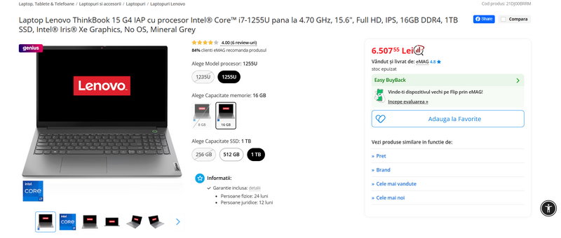 Laptop Lenovo ThinkBook 15 G4 IAP – i7‑1255U, 16GB RAM,1TB SSD–Sigilat